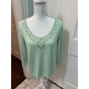 Kemp & Company Mint Green Beaded V-Neck 3/4 Sleeve Knit Top XL 9991